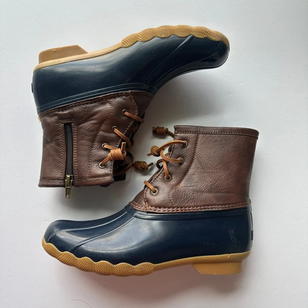 Sperry Girls Saltwater Duck Boots Navy Brown Side Zip YG55203 Size 5M